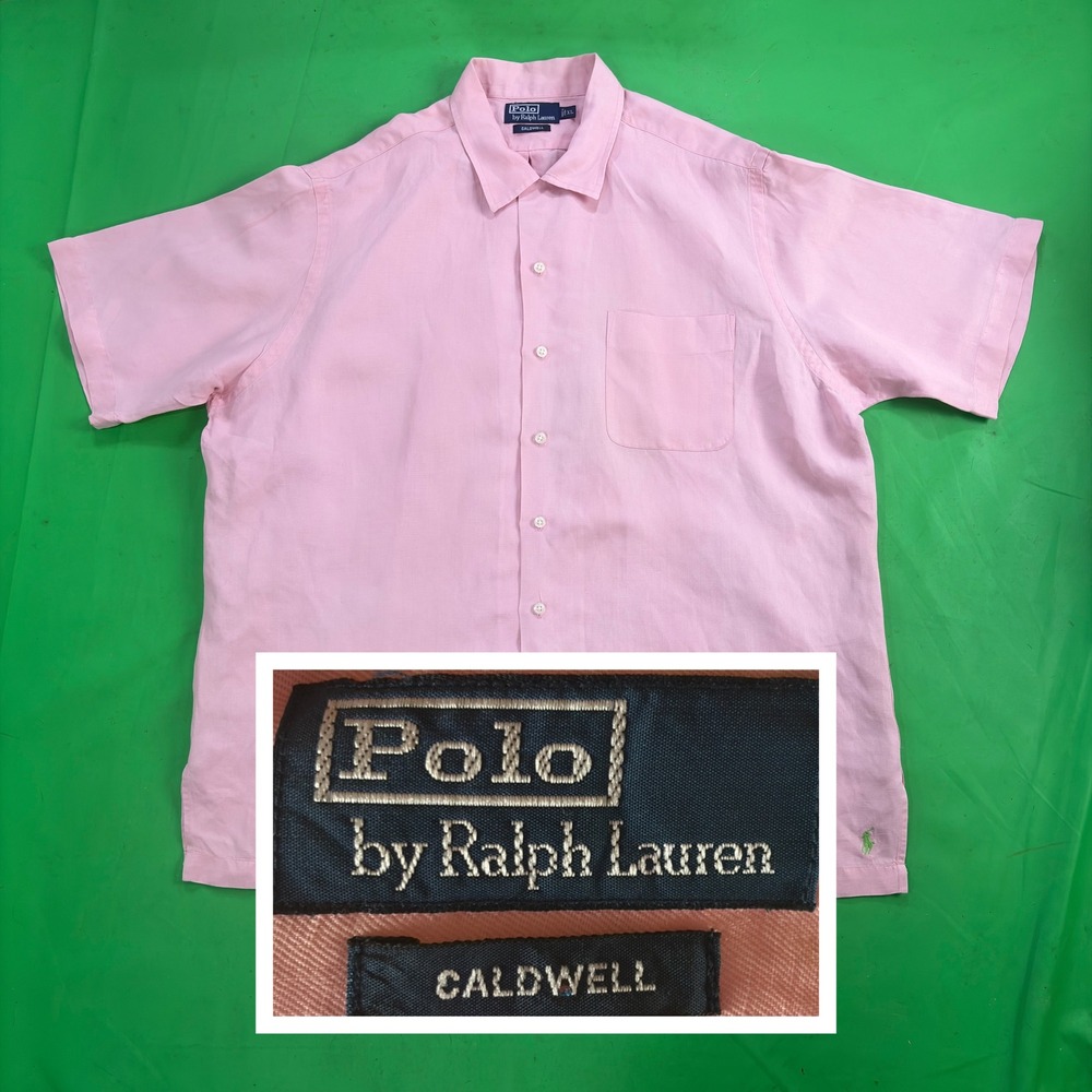 VTG 90s Caldwell Polo Ralph Lauren Mens XL/2X Pink Linen/Silk Camp Collar Pony